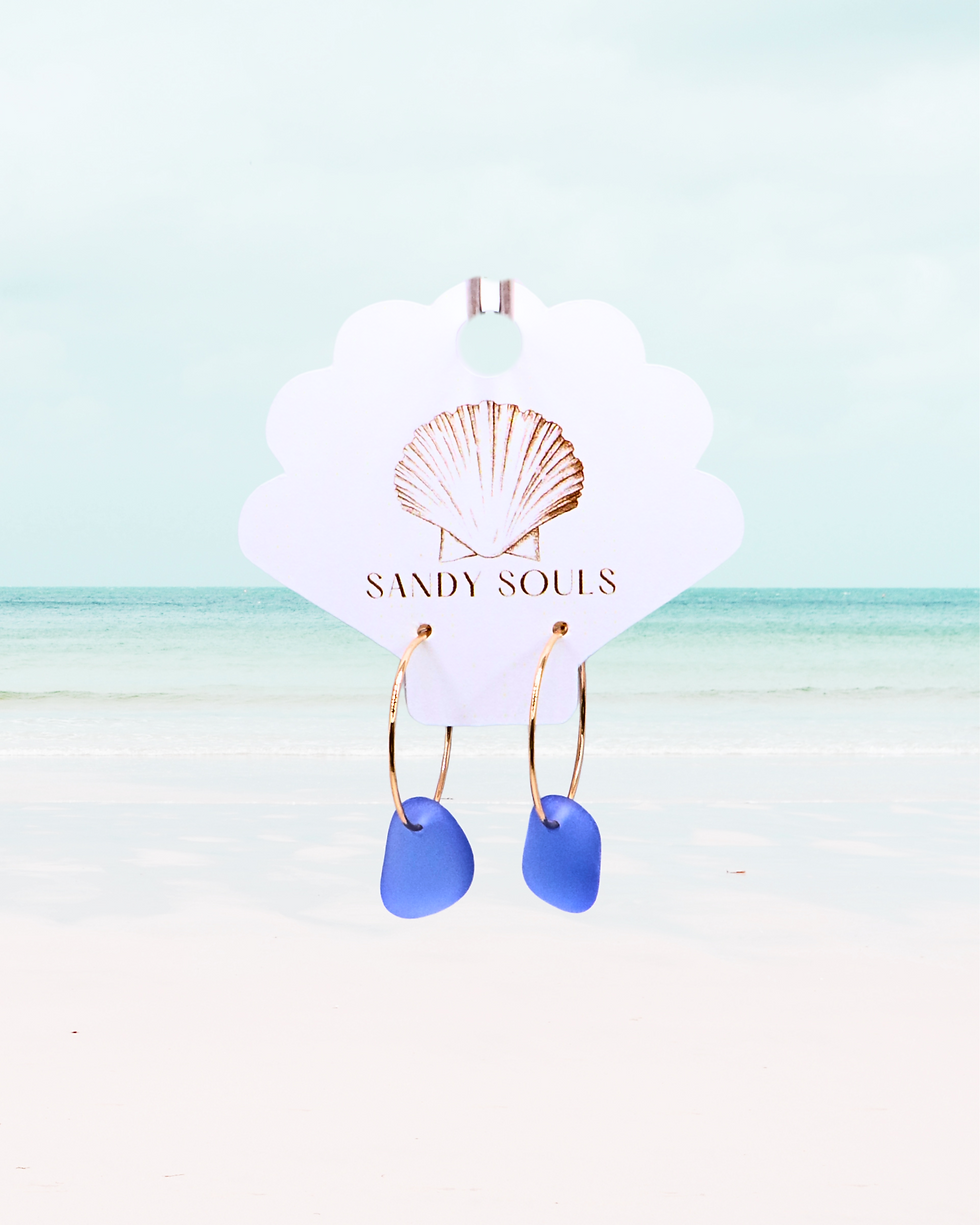 Gold sky blue sea glass earrings