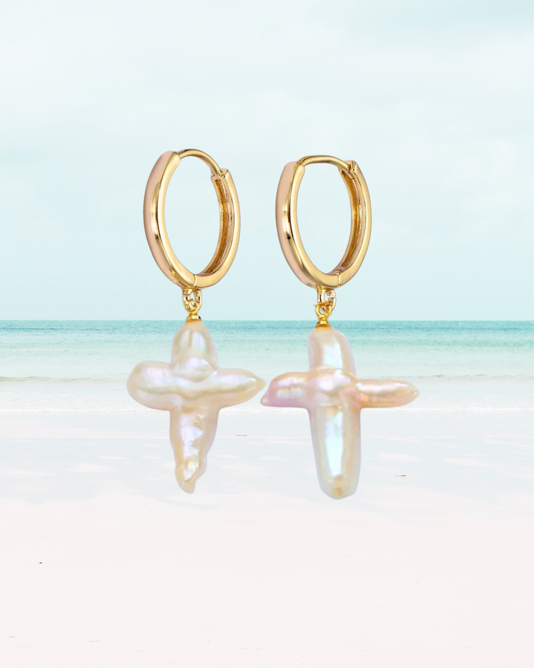 Gold Large Pearl Cross Earrings