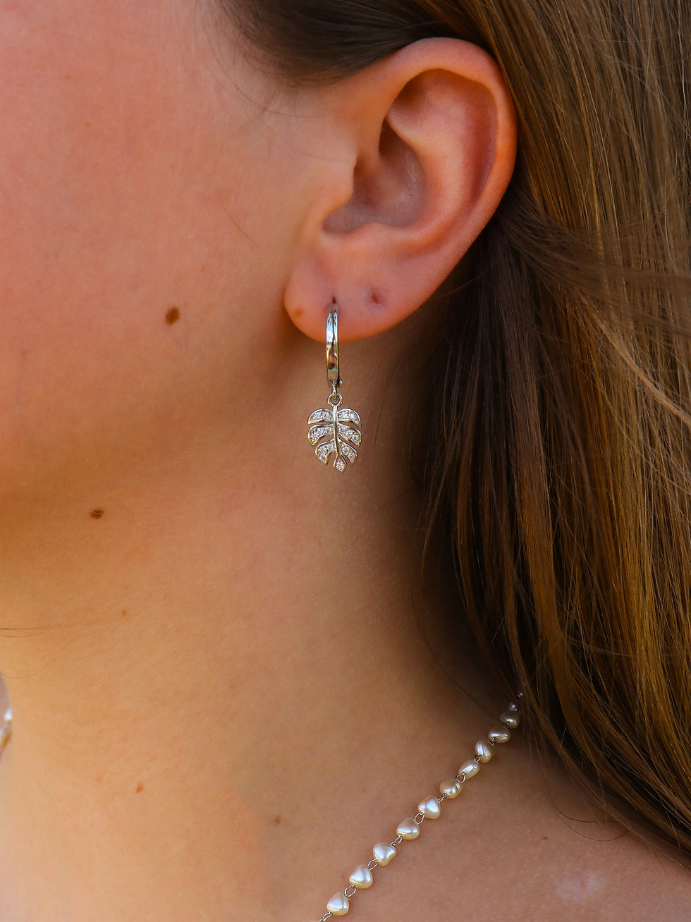 Thumbnail: Silver Gemstone Monstera Leaf Earrings