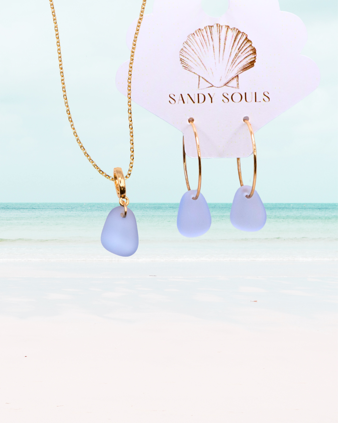 Gold ice blue sea glass set