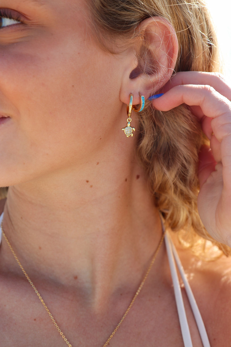 Thumbnail: Gold Gemstone Sea Turtle Earrings