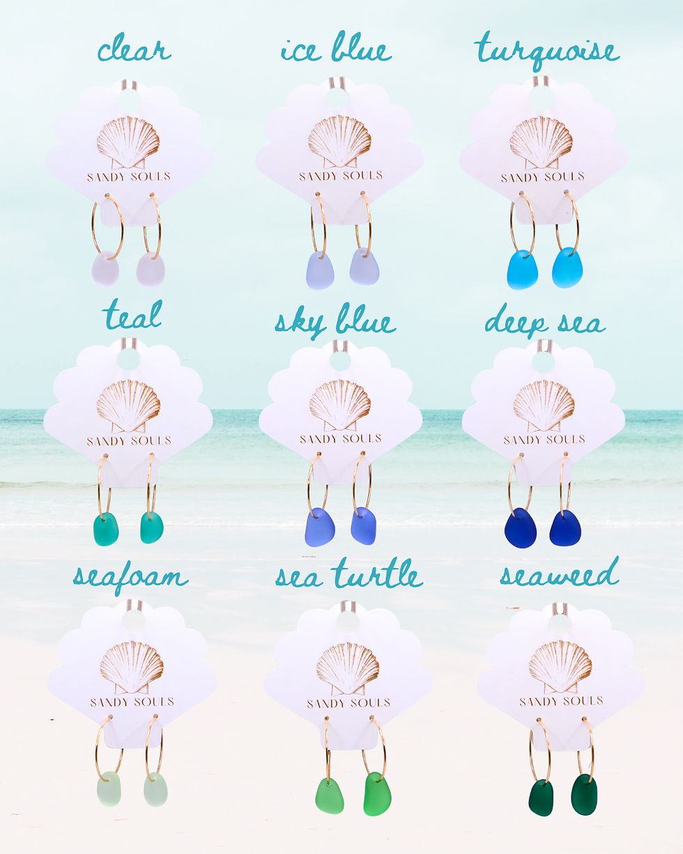 Thumbnail: Gold seaweed green sea glass earrings