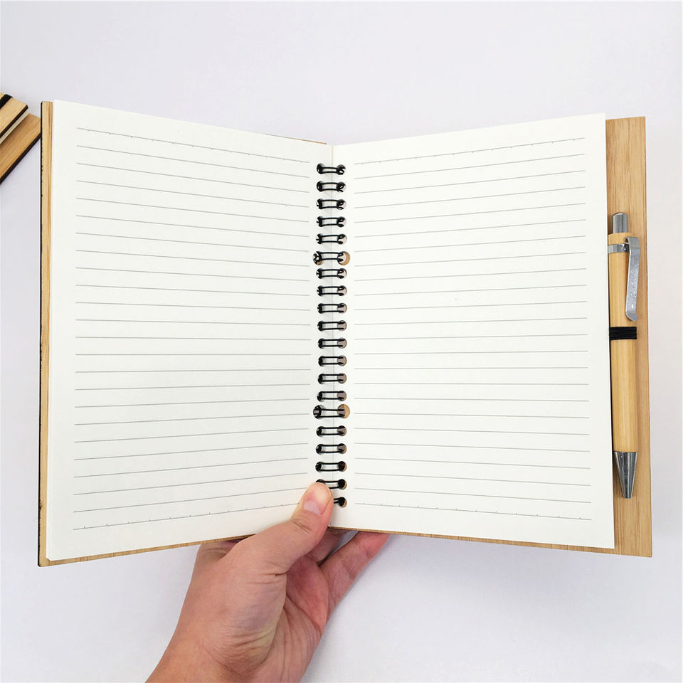 Thumbnail: Customizable Wooden Bamboo Cover Spiral Notebook with Ball Pen