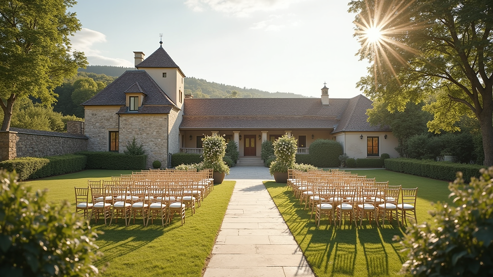 Vue panoramique d’un lieu de mariage en plein air avec une décoration raffinée
