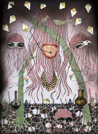 TONGUE TIED 2019 | Haya Zaidi Mix media on Mylar (Inks, acrylics, collage, glitter and spray paint)
