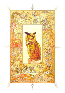 Aquarelle rehaussée à l'or; chouette sur jaune clair entourée douent frise représentant divers animaux.