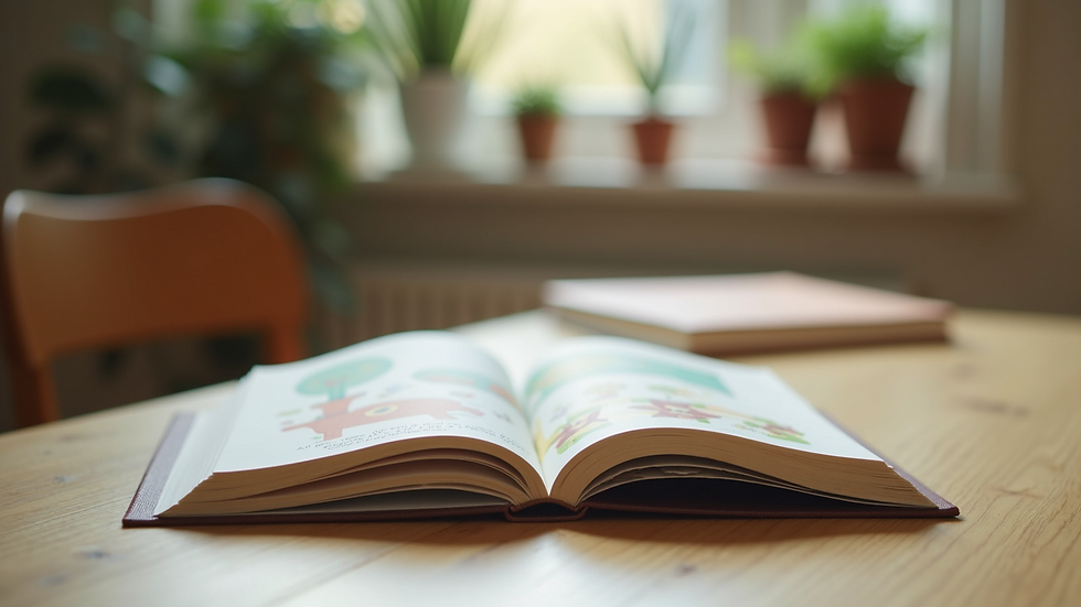 Close-up view of a child's book opened on a table with colorful illustrations