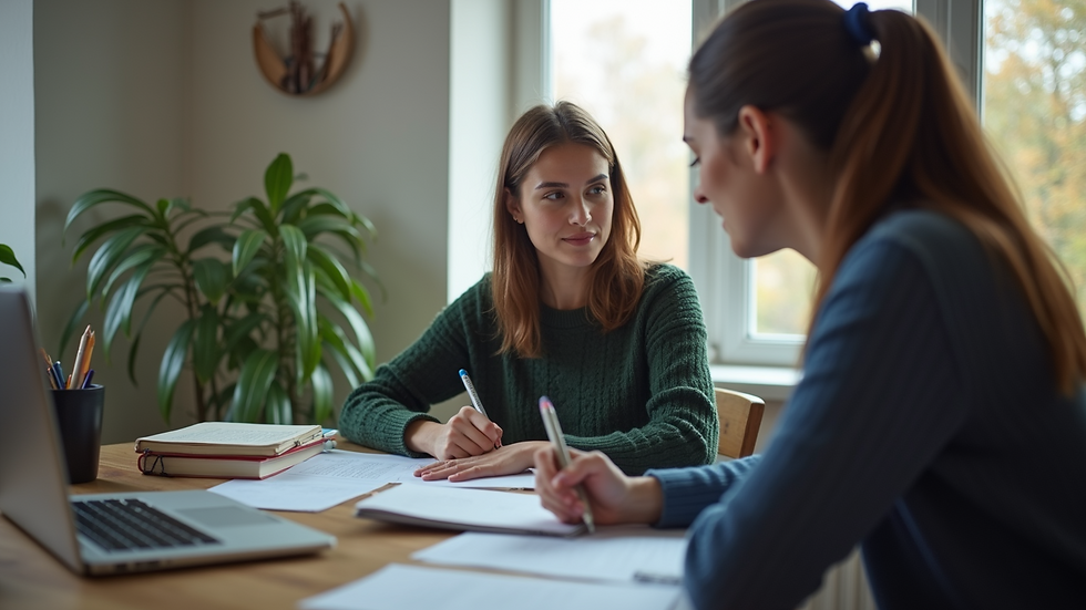 Close-up view of a person studying English with a tutor