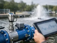 Worker uses a tablet to inspect a blue water pipe with sensors attached beside a burst pipe at a treatment plant pond.