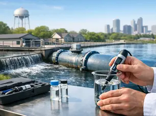 Scientist tests water in a glass beside a river dam, with sample vials and city skyline in the background.