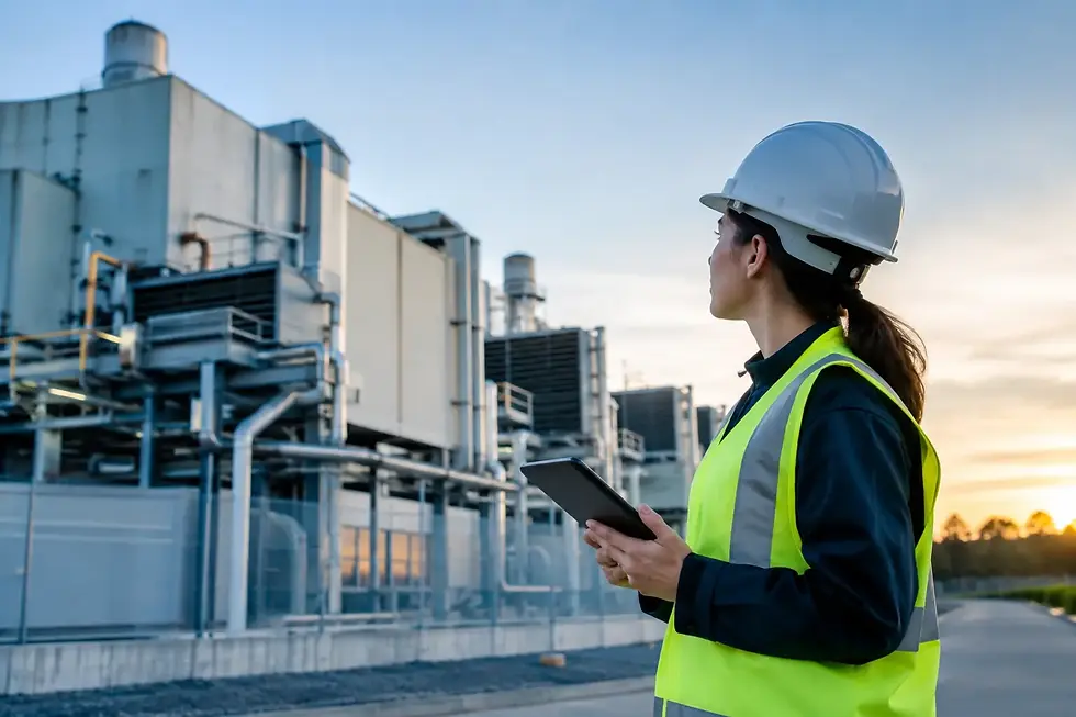 Woman engineer in hard hat and hi-vis vest holds a tablet while inspecting an industrial plant at sunset.