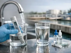 Gloved hand tests water with a meter in a beaker beside a glass of water, outdoor lab setup with faucet and sample vials