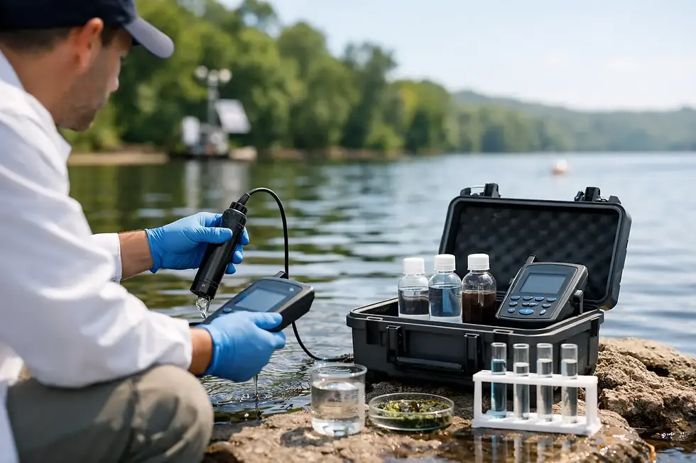 Man checking water quality using field test instruments