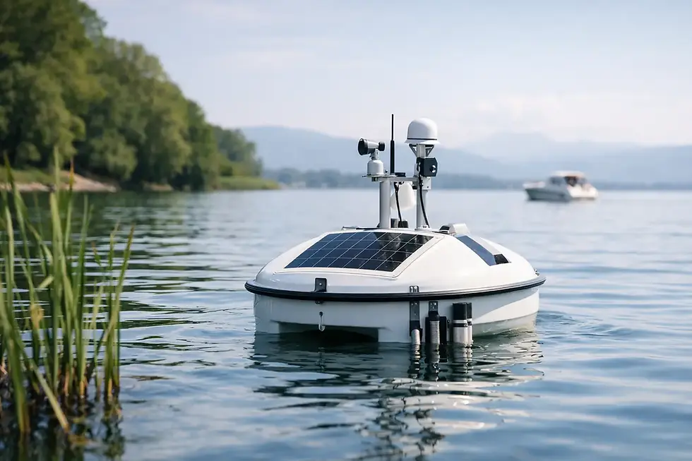 Autonomous white solar-powered boat on a calm lake near reeds and forested shore, with a distant boat in the background.