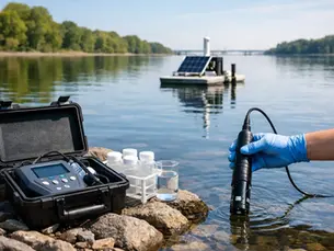 Gloved hand tests river water with a probe; sample bottles and meter case on rocks, with a solar boat on calm water nearby.