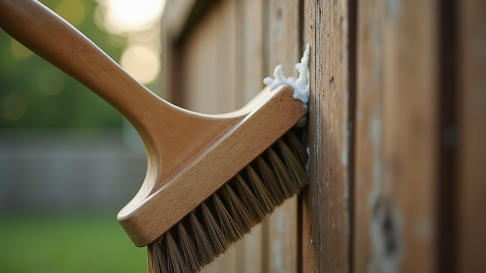 Close-up view of a brush scrubbing a wooden fence
