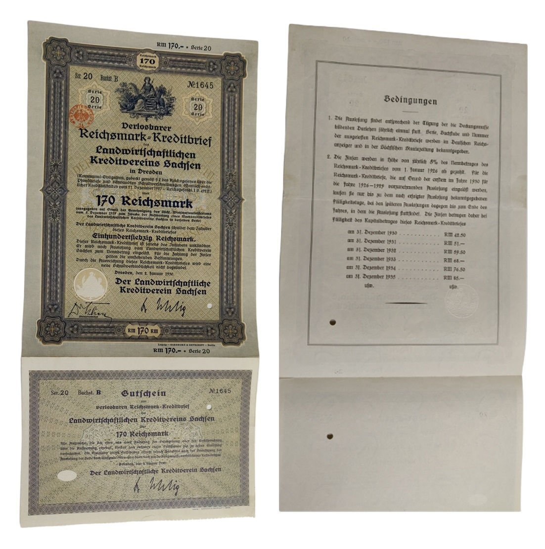 Bono Alemán pre - Nazi de Hitler de la WWII, del año 1930, 170 Reichsmak