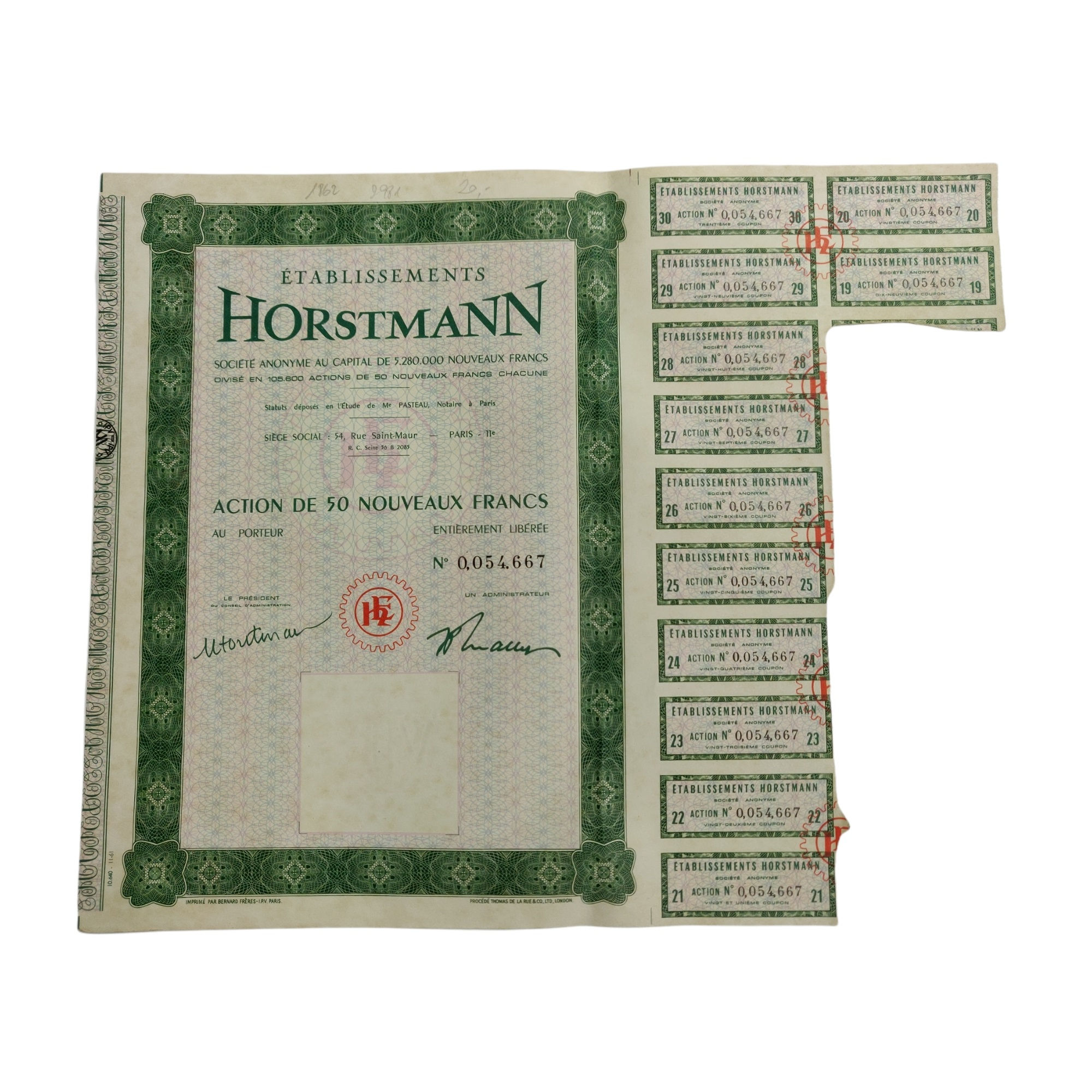 Bono de los establecimientos Horstmann - Paris - Palaiseau, 80 Francos