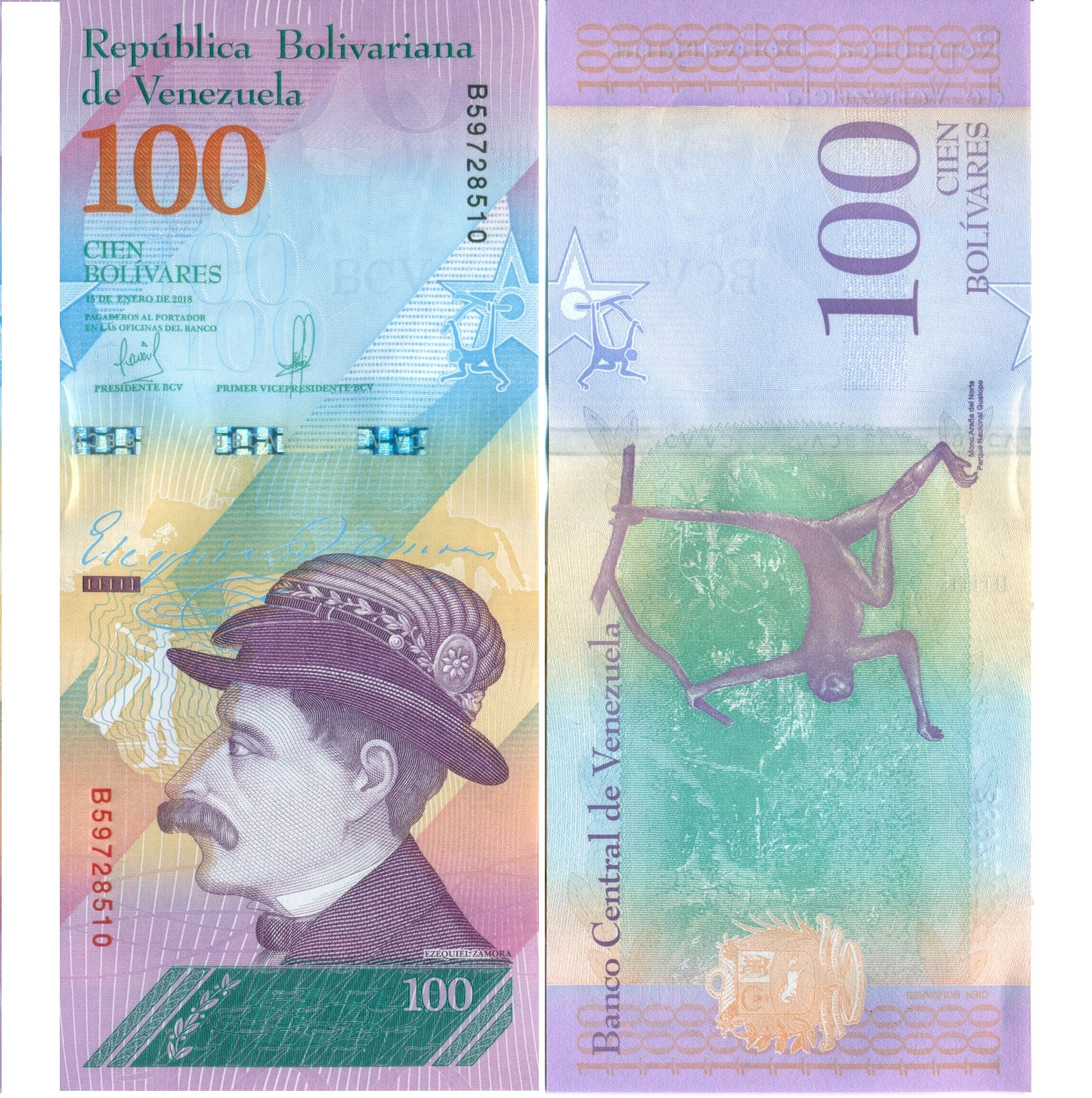 1 Billete de Venezuela, 100 Bolívares UNC, 2018