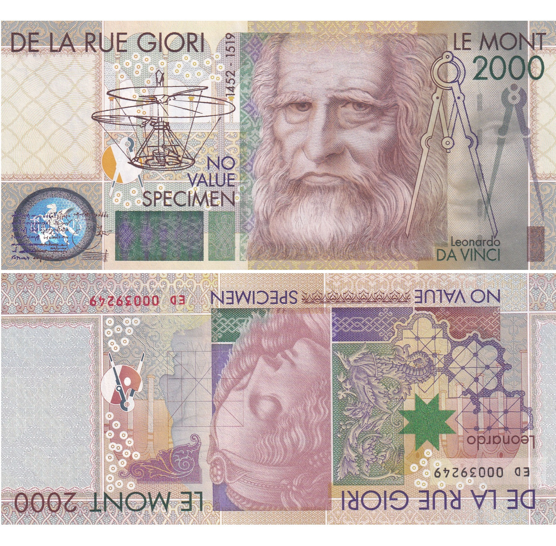 Italia — Billete Specimen 2000 Lire (Leonardo da Vinci) Billete specimen de 200