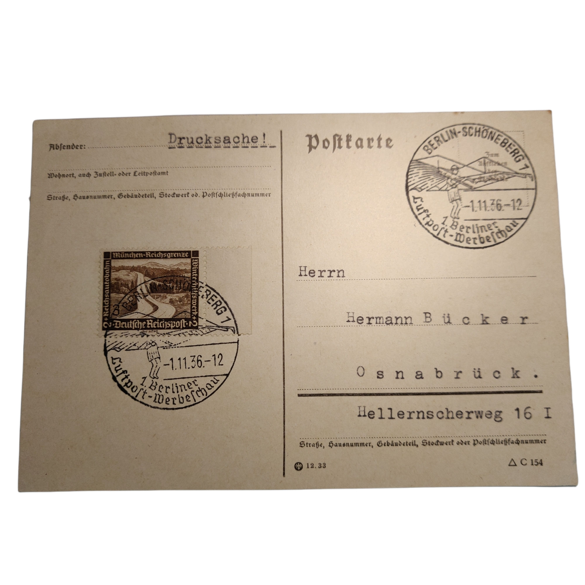 Postal original del tercer Reich del año 1936, con matasello de Berlín