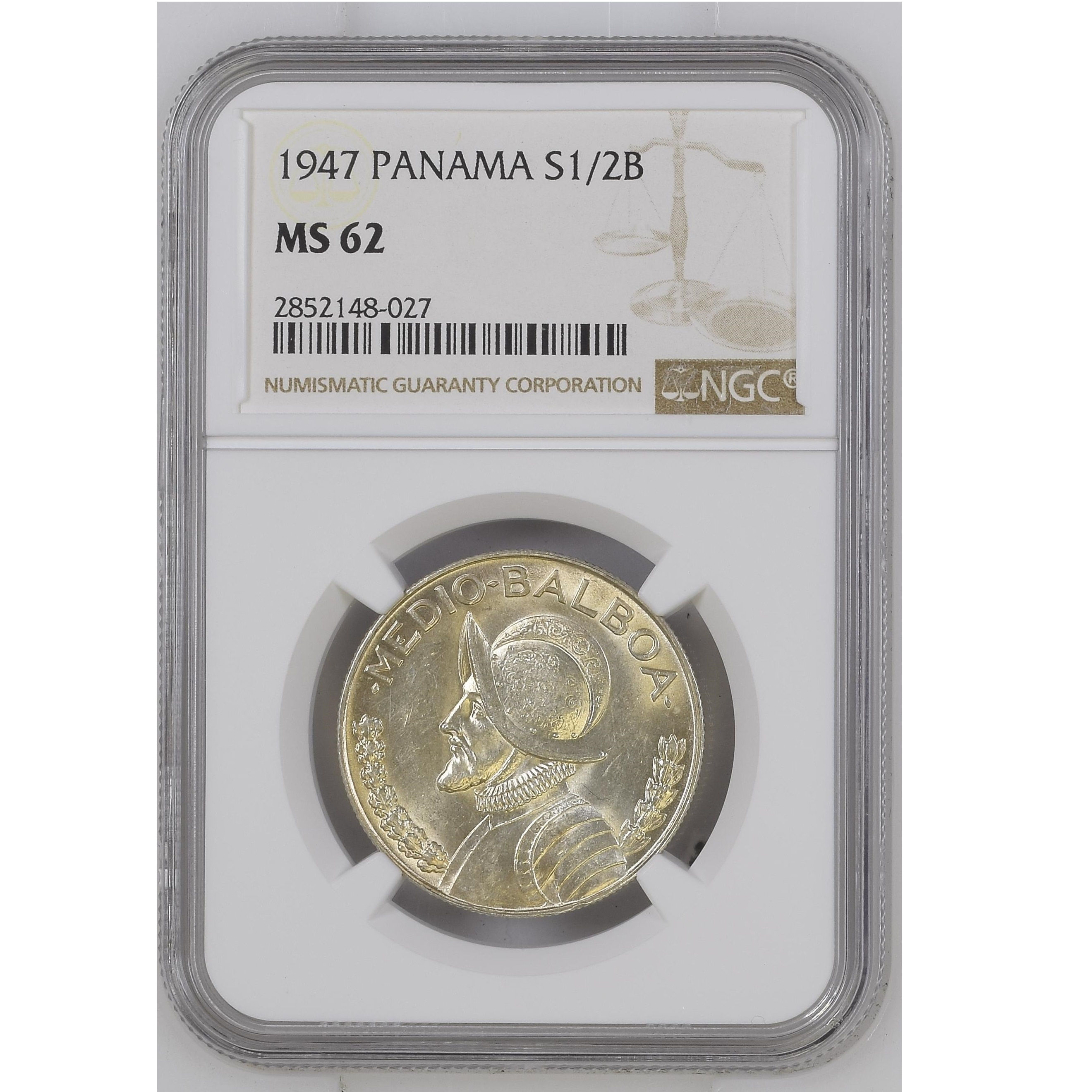 Moneda de 1947 MS62 de 50centésimos de Balboa, Certificada NGC