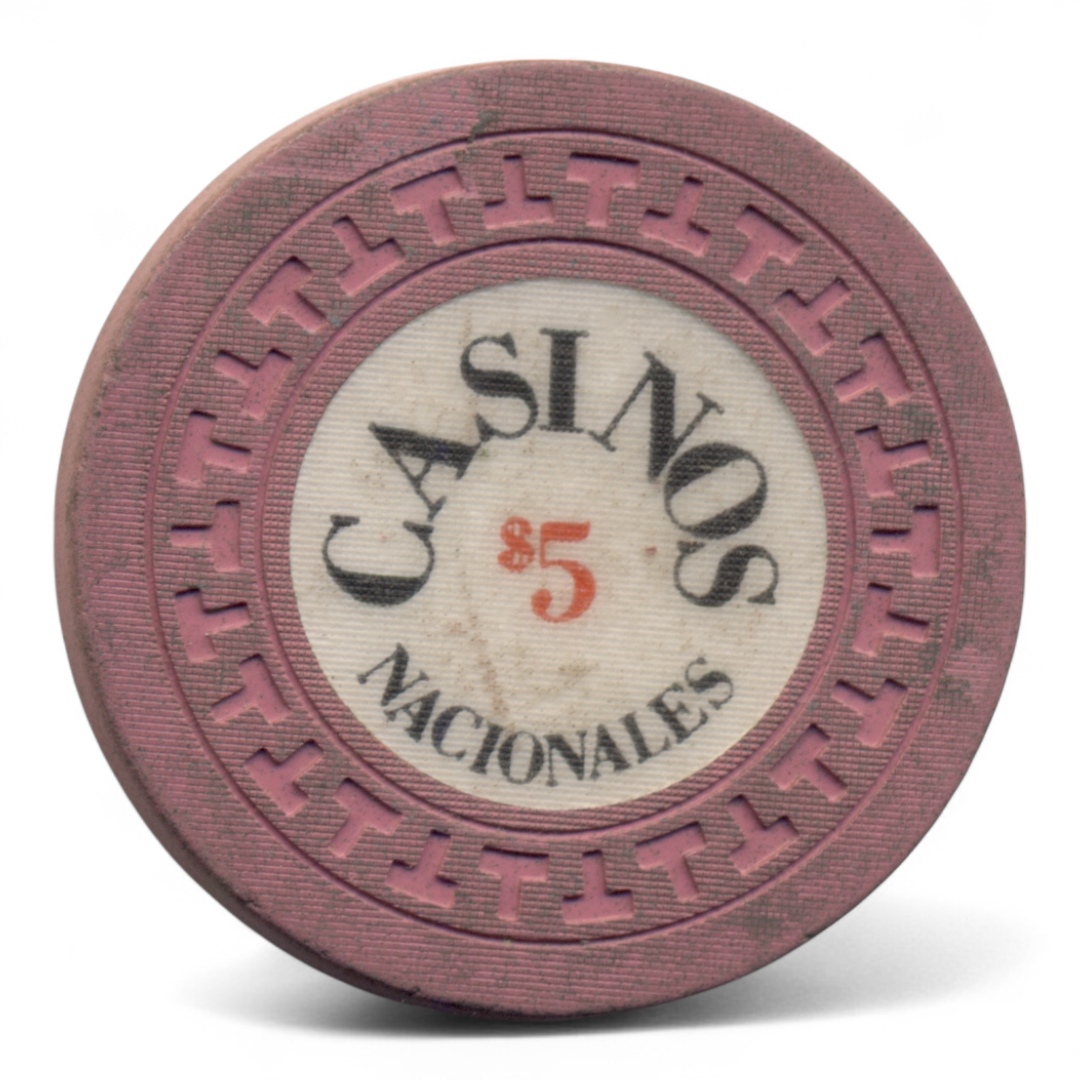 Ficha de Casino "CASINOS NACIONALES $5" (Rosa clásico): Ficha de borde rosado