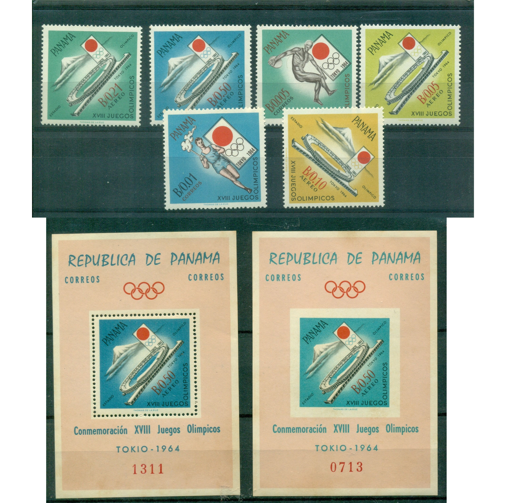 Juego completo de Olimpiadas de verano de Tokio 1964 (Scott #452-452E y 452Ef)