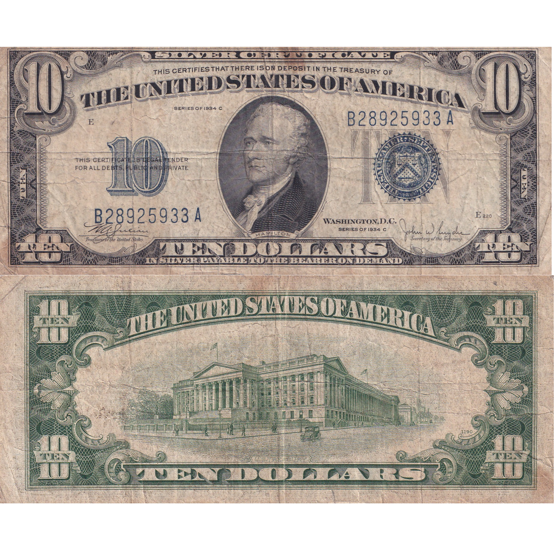 10$ USA 1934C Blue Seal Silver Certificate – Billete Clásico de Colección