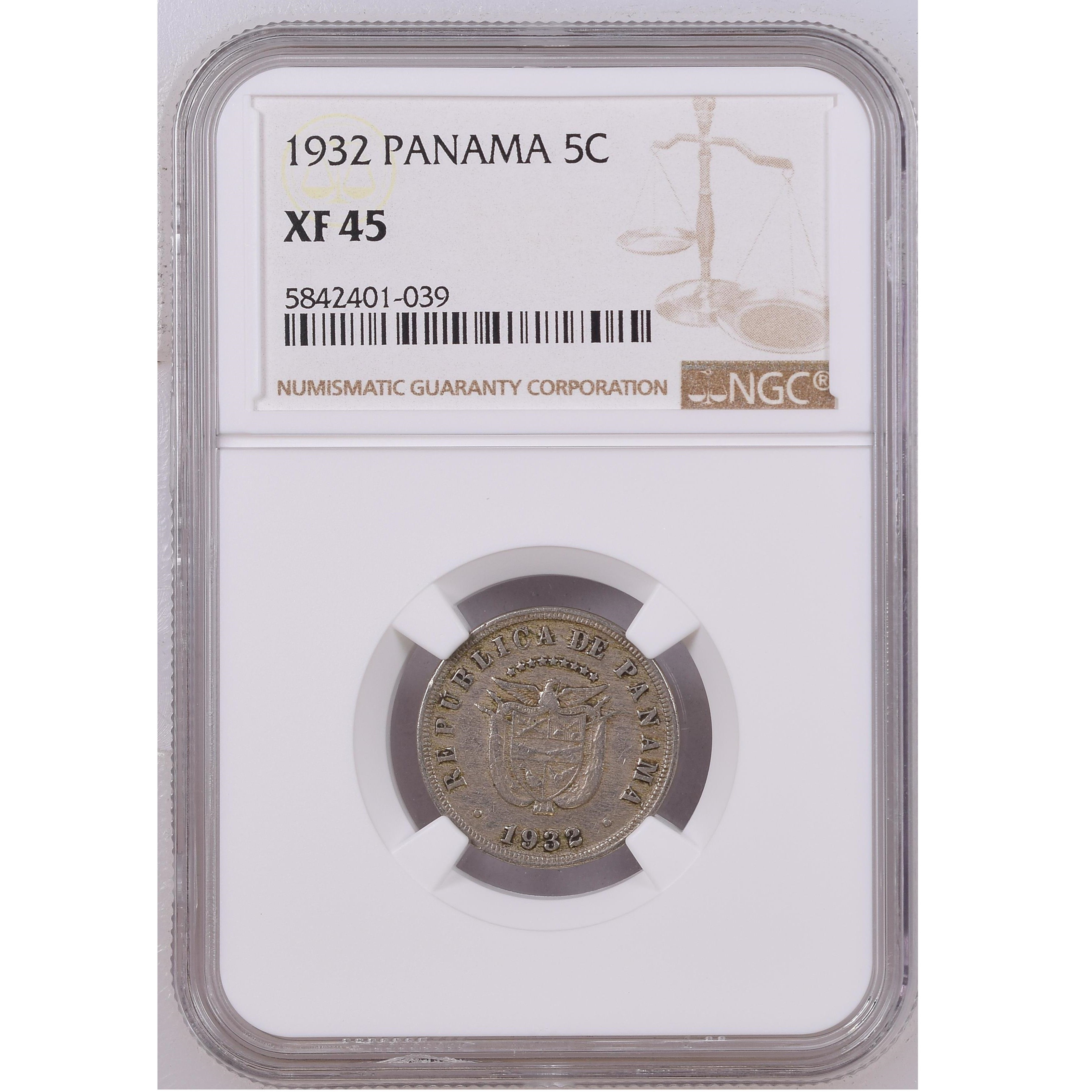 1 Moneda de 5 centésimos de Balboa del año 1932, certificadaXF 45