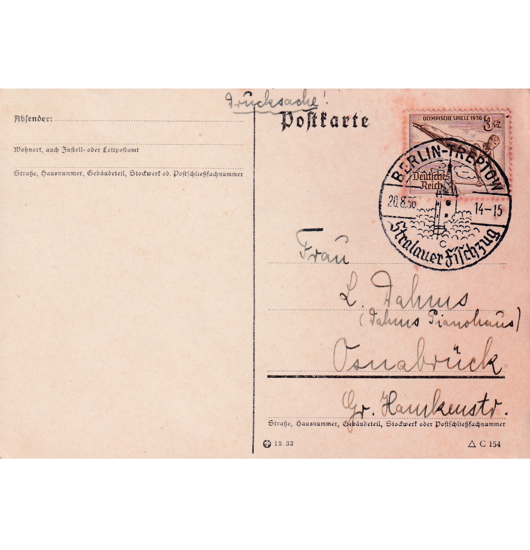 Tarjeta postal original del Deutsches Reich (Alemania), de las olimpiadas