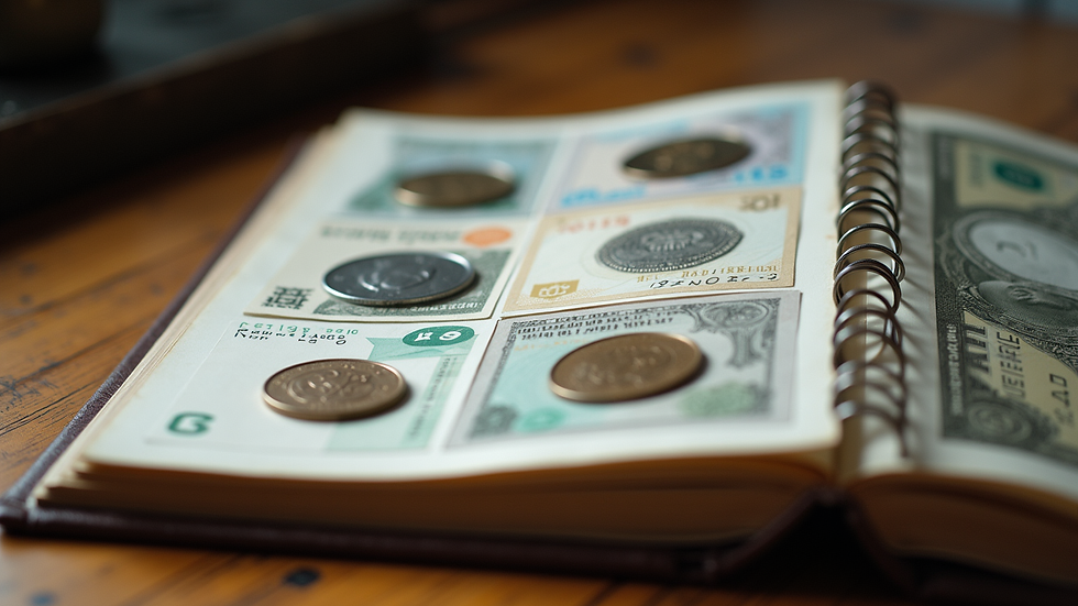 Eye-level view of a collector's album with transparent sheets holding banknotes and coins
