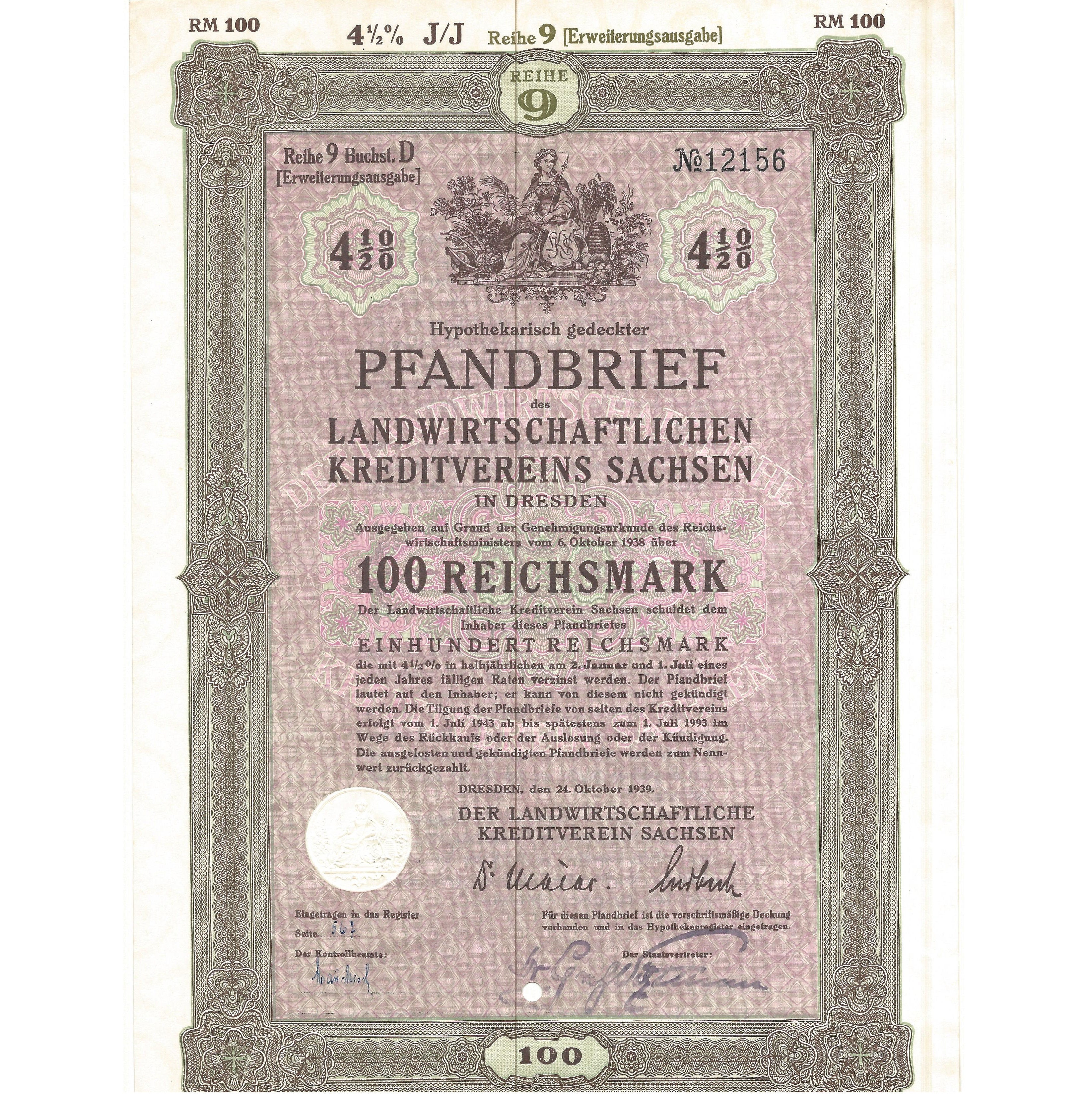 Bono Alemán Nazi de Hitler de la WWII, del año 1939, 100 Reichsmark