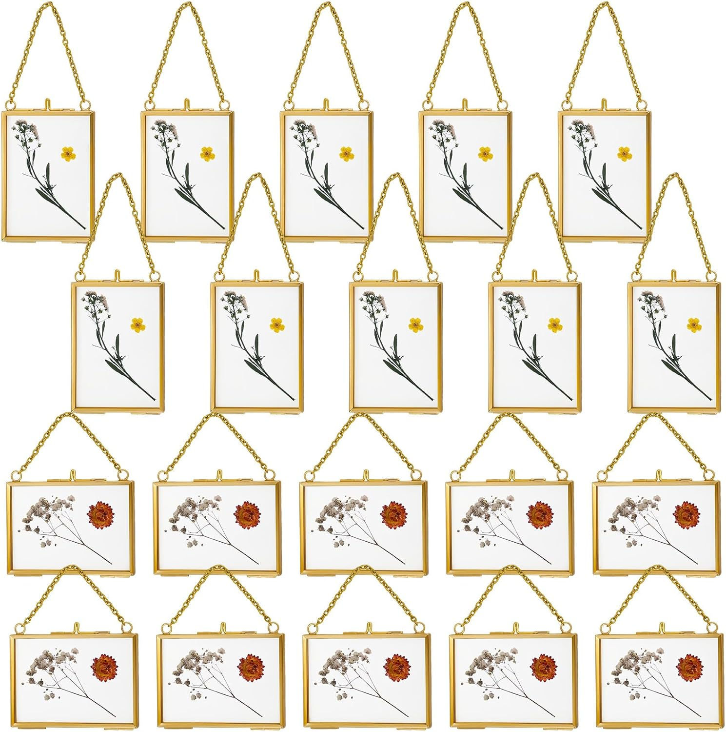 Set de 20 Marcos Colgantes de Vidrio y Latón para Flores Prensadas (3.5 x 2.5")