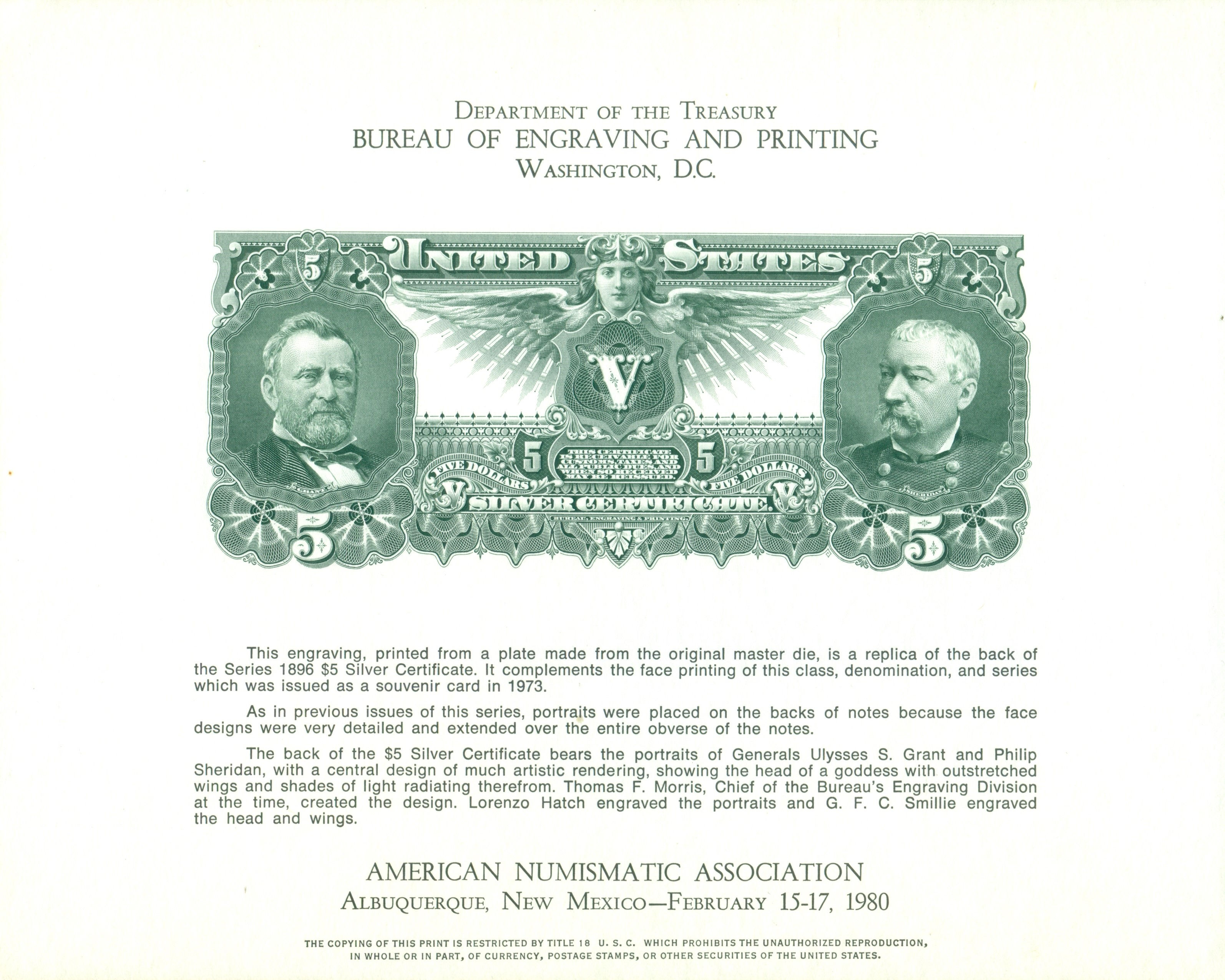 1 Prueba de impresión o grabado de la cara del billete de 5 dólares de1896