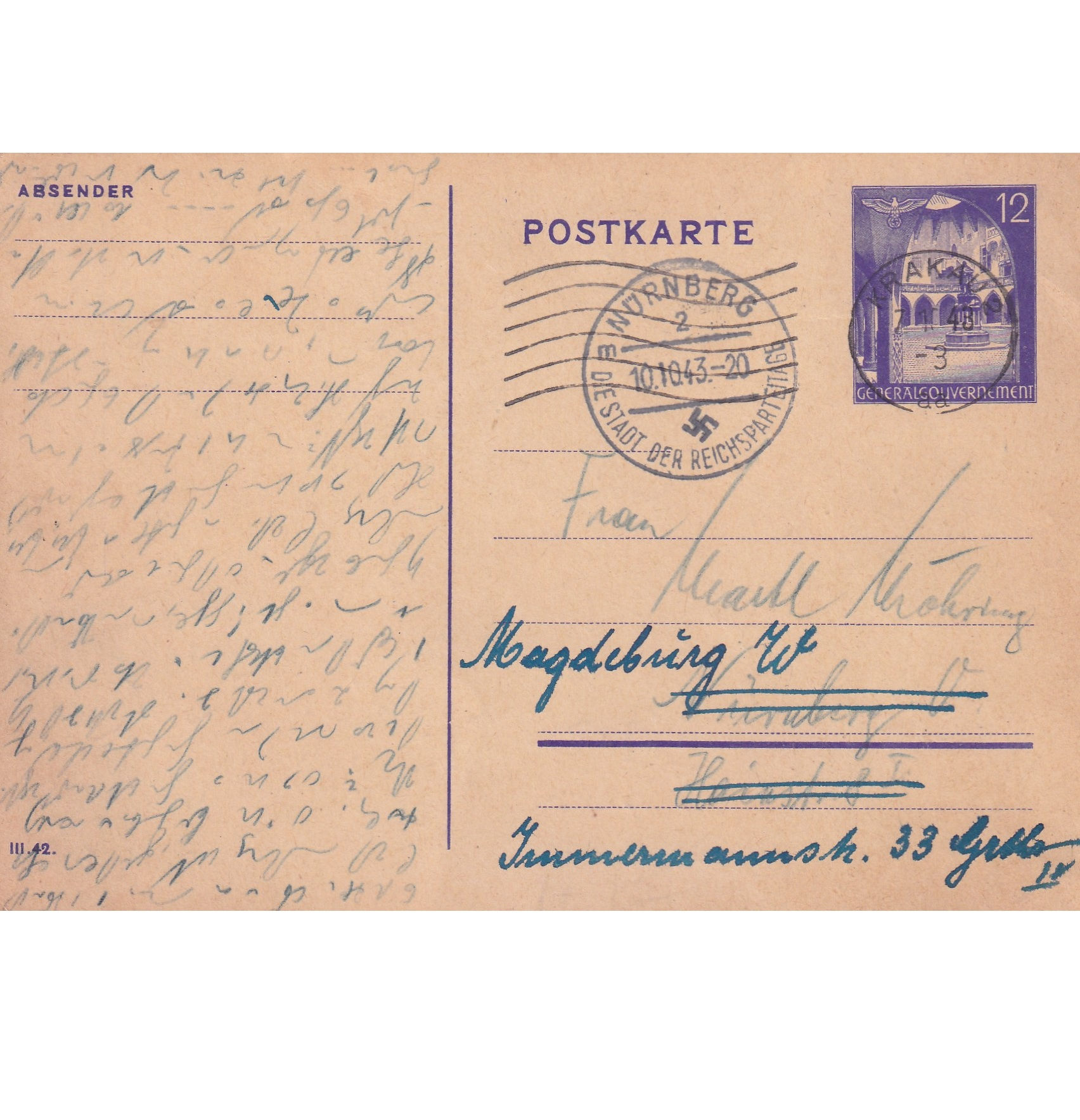 Entero postal original del periodo de la Segunda Guerra Mundial,Polonia ocupada