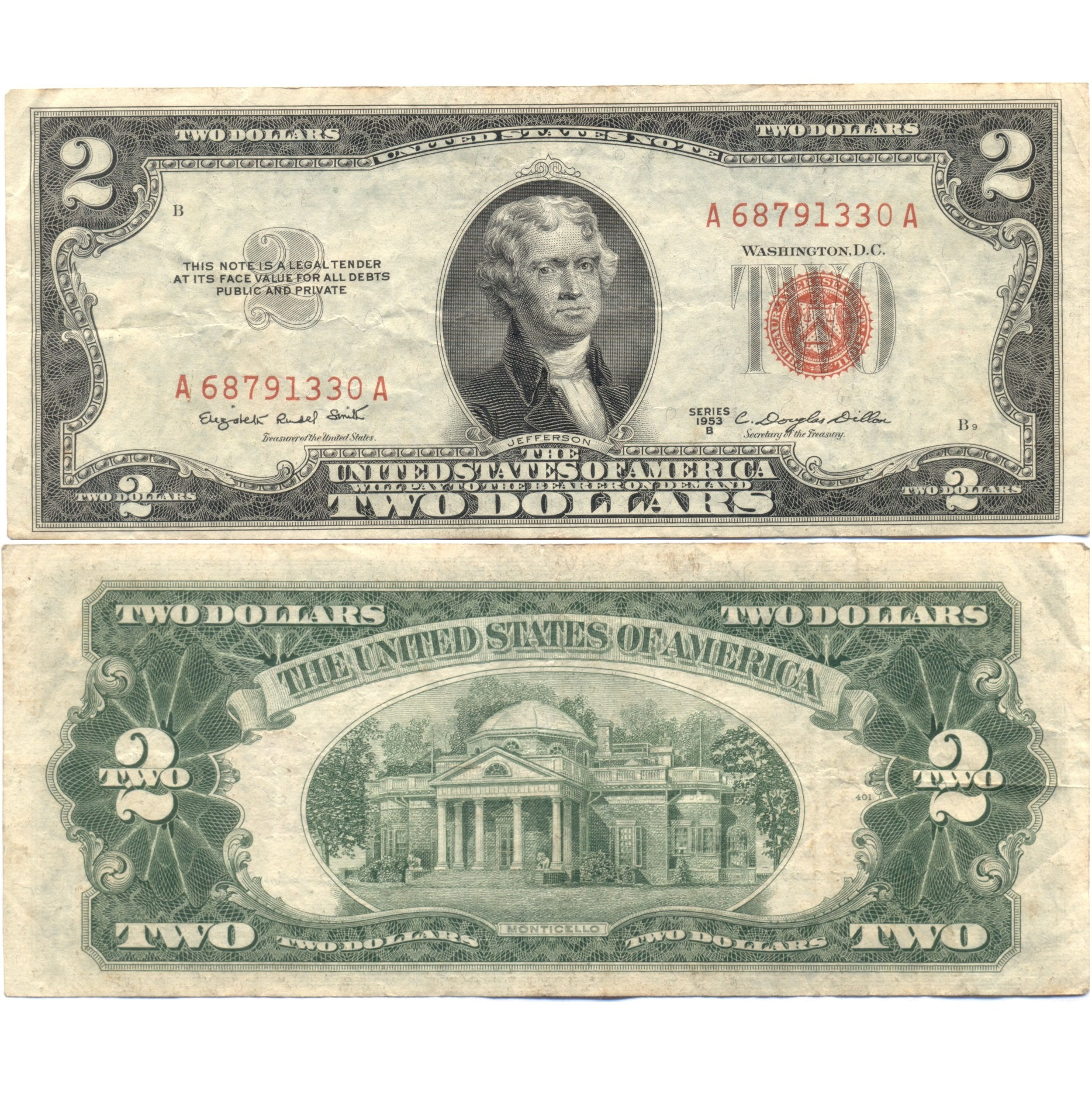 1 billete de 2 dólares de1953, sello rojo, fino