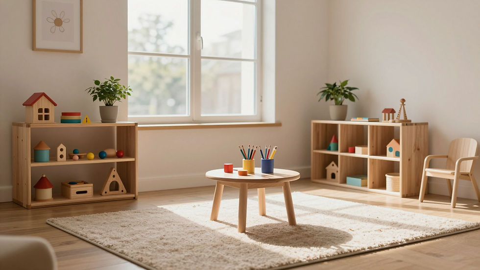 Bright children's play therapy room with toys and furniture.