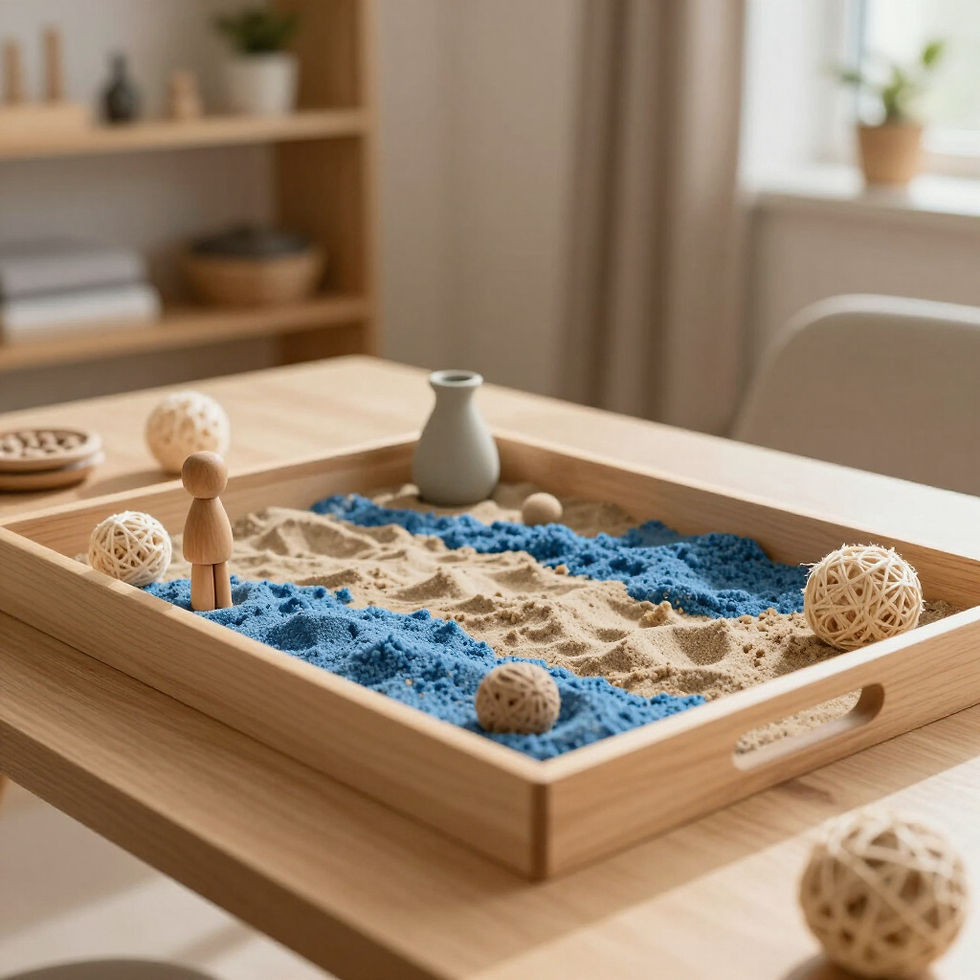 Sensory sand tray with blue and natural sand for play therapy