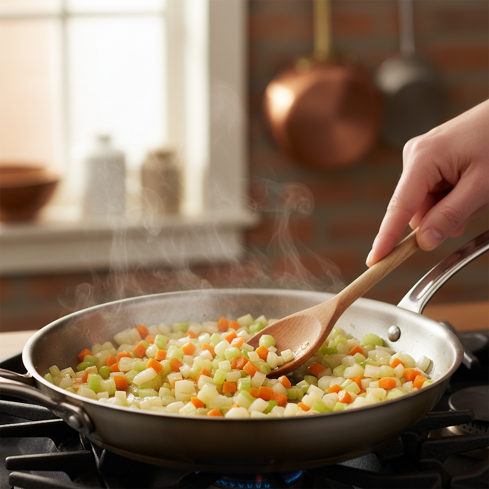 Prompt:A beautiful, still-life shot of uniformly diced onions, carrots, and celery 'sweating' in a wide, shallow pan over very low heat. The vegetables are glistening, translucent, and slightly softened, but not browned. Gentle steam rises. A chef's hand (clean, professional) is gently stirring with a wooden spoon. The background is a softly blurred, warm kitchen environment. Emphasize the uniform cut of the vegetables and the patience of the slow cooking process.