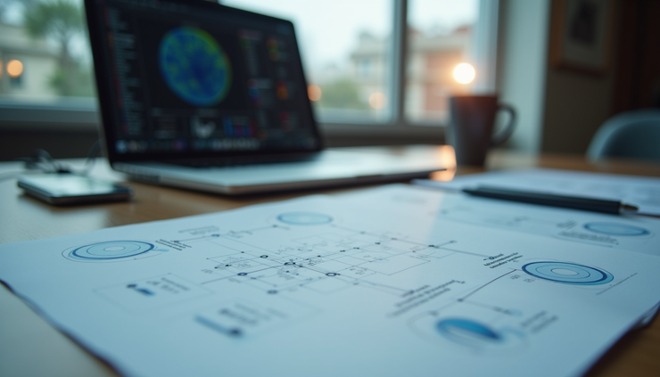 Vue en plongée d’un bureau avec des plans de réseau étalés et un ordinateur portable ouvert