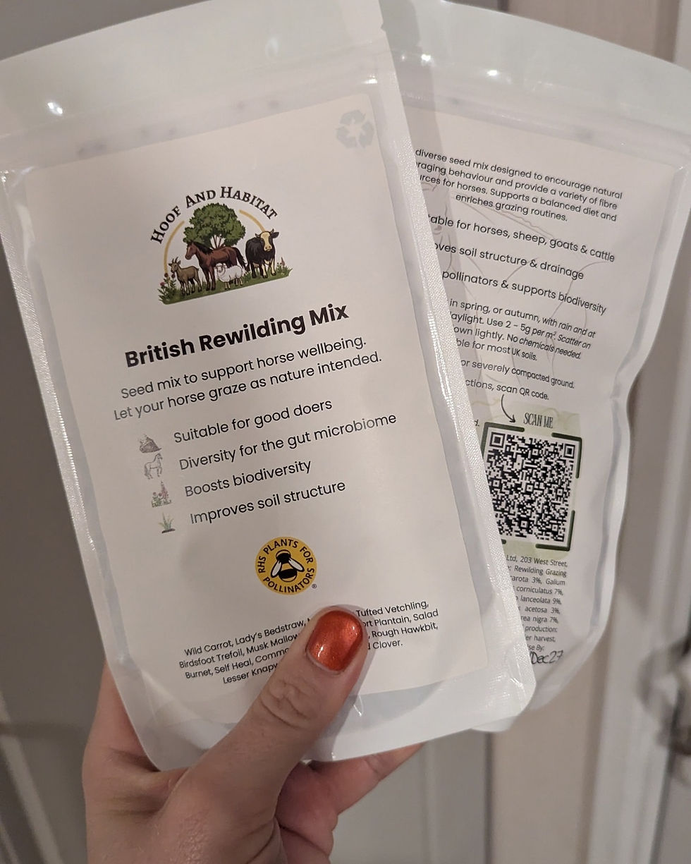 The British Rewilding Mix contains no grasses. It enables wildflowers, herbs and legumes can be overseeded into grass swards to create diversity. In 2026 it was renamed the Wildflower Grazing Mix for Horses.