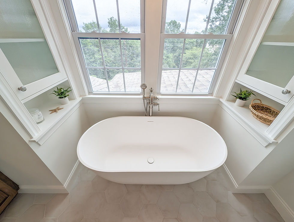 Bathroom with freestanding tub and large windows