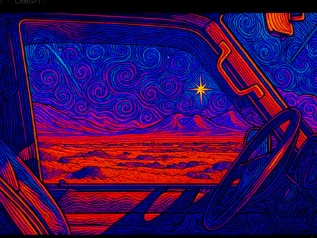 POV out the driver's side window looking out at the desert twilight sky.