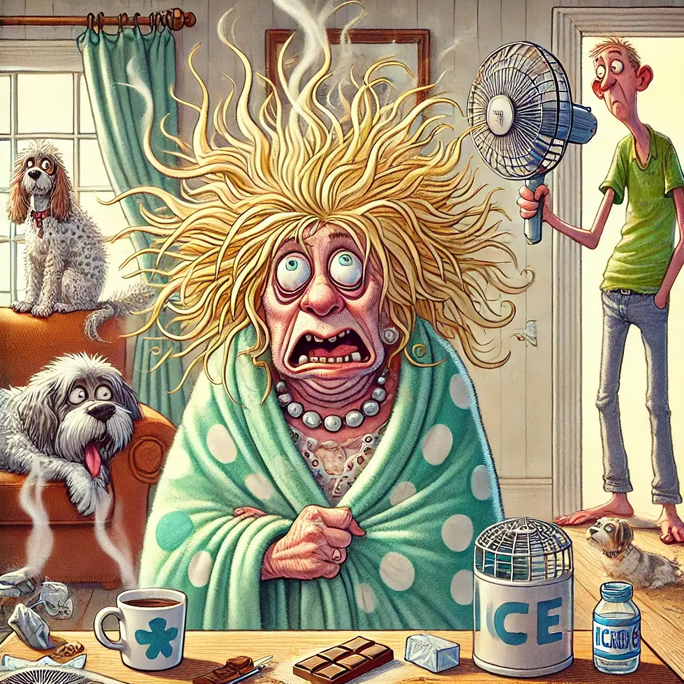 "The Menopause Monster (MeMo) in her natural habitat: overheating, overreacting, and over it. Approach with caution—offer chocolate and a fan for best results!"