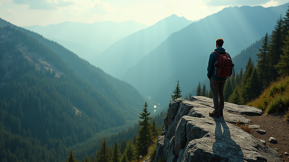 High angle view of a lone hiker standing on a rocky outcrop overlooking a forest valley