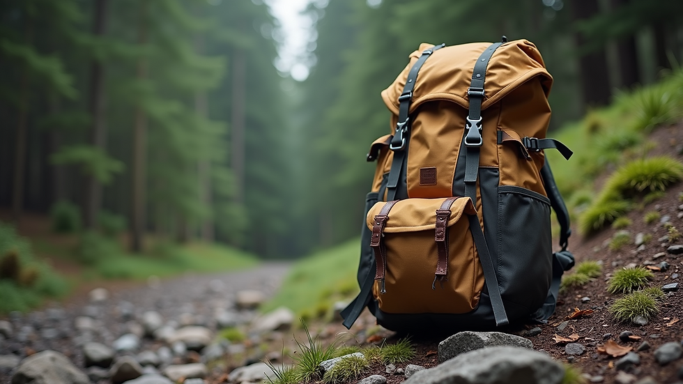 Wide angle view of a packed backpack resting on a rocky surface near a forest trail
