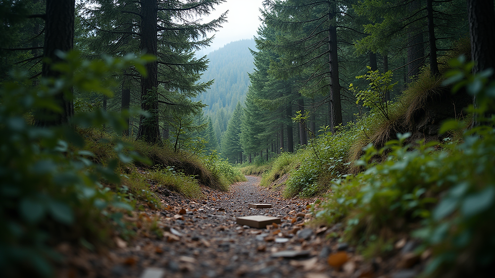 Eye-level view of a rugged mountain trail winding through dense forest