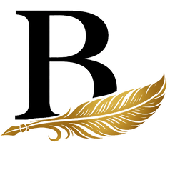 Black Letter Logo Elegant black letter B adorned with a golden feather quill.