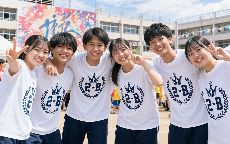 少人数クラスがクラスTシャツを着て文化祭に参加する場面